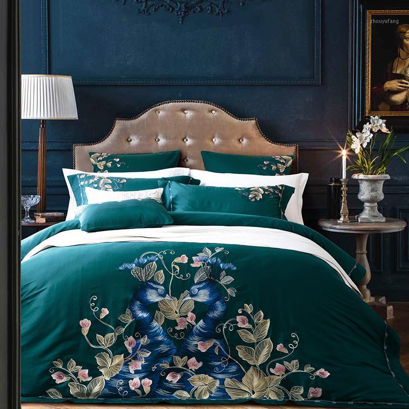 

Luxury Green Peacock Embroidery 60S Egyptian Cotton Bedding Set  King Size Duvet Cover Bed Sheet/Linen Pillowcases 4/6pcs