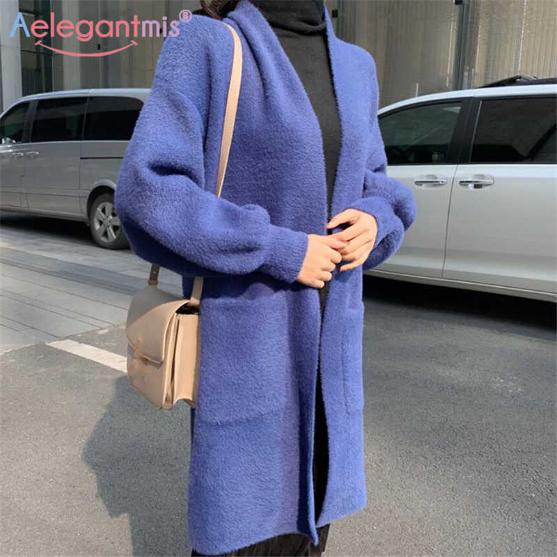 

Aelegantmis Batwig Sleeve Solid Blue Elegant Mink Cashmere Sweater Cardigan Women Winter Autumn Female Oversized Long 210607