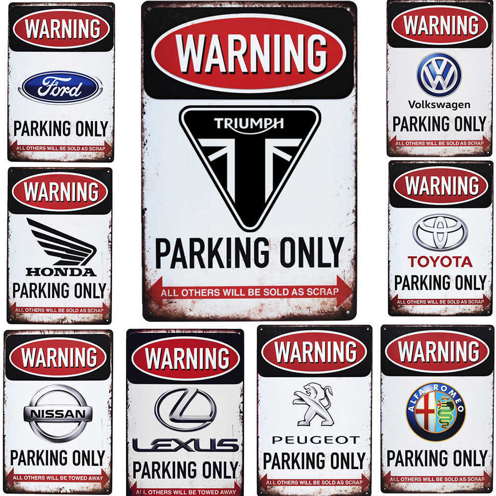 

Warning Parking Only Tin Sign Vintage Triumph Car Parking Plate Alfa Romeo Ford Sign for Garage Wall Art Decor Plaque
