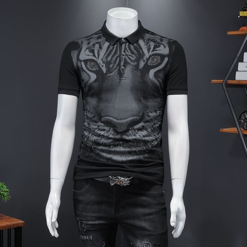 

New Black Gold Tiger Head Print Summer 2021 Short Sleeve Hot Drilling Shirt Camisa Masculina Polo Uwb6, Gray