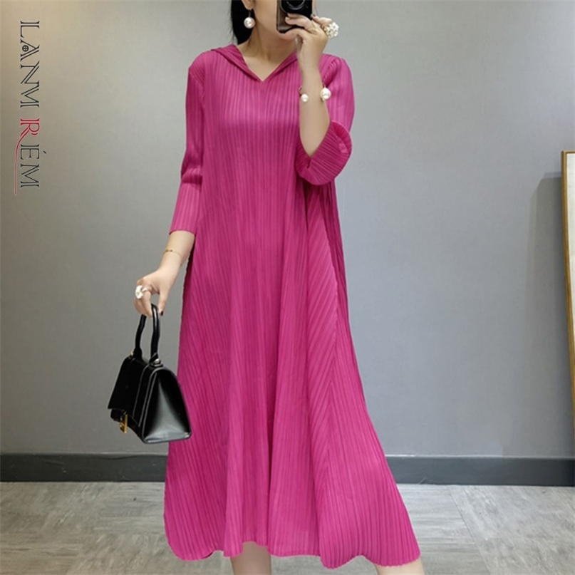 

Women's Mid-length Blue-Green Pleated Dress Hooded Three-quarter Sleeve Loose Fashion Spring Autumn 2E1143 210526, Black
