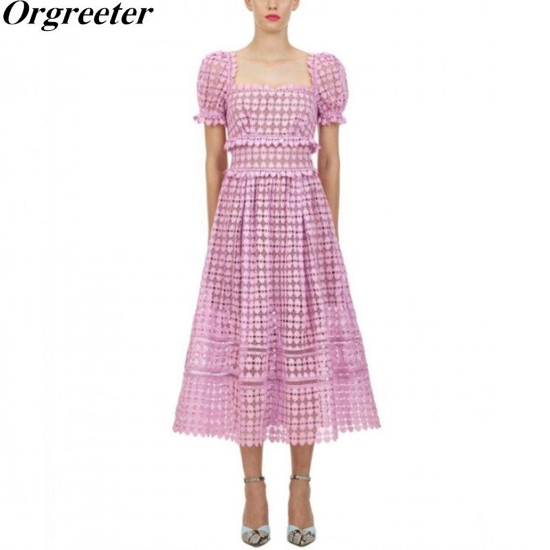 

Runway Design Elegant Purple Lace Dress Summer Women's Square collar Puff sleeve Hollow Out Ruffles Trim Long Dresses 210525, Short dress