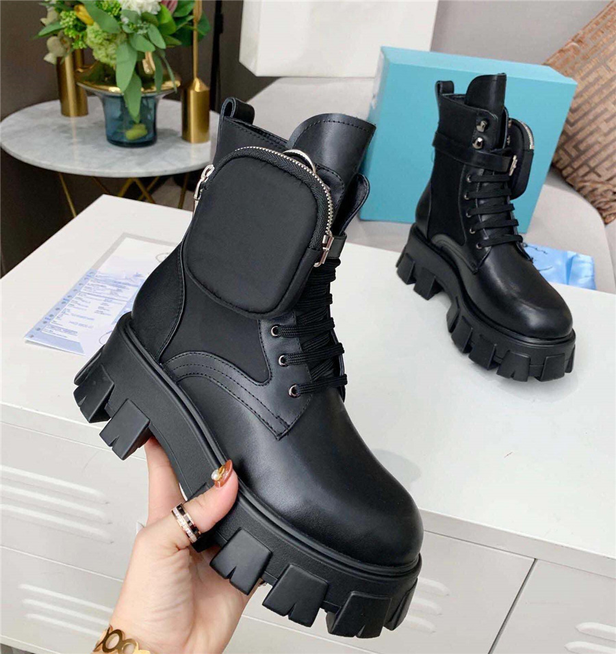 

2021 Fashion Women Brushed Rois Boots Top Cowskin Leather Nylon Martin with Removable Pouch Black Ladies Outdoor Booties Shoes