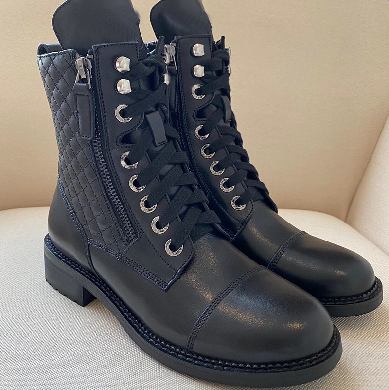 

luxury designers superior quality Half Boots women Genuine leather Round Toes Zip shoes Martin Ankle booties lace up combat Motorcycle boot womens shoe big size 35-42, Black