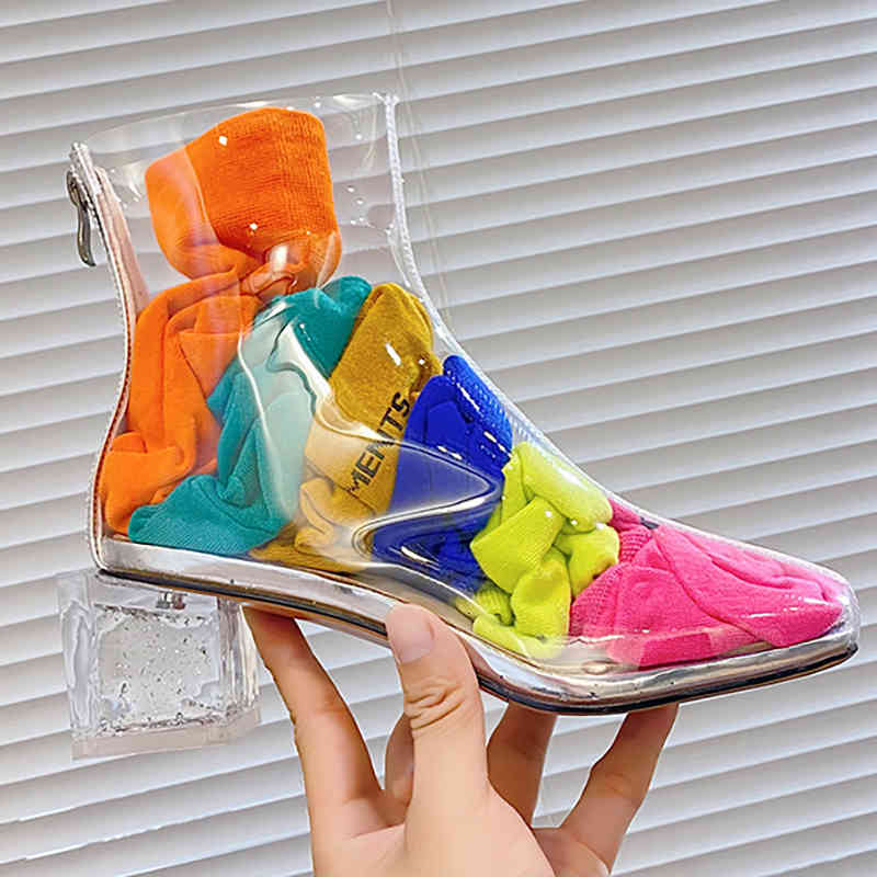 

dress shoes transparent pvc women ankle boots 2021 fashion clear square heel waterproof female zipper opening high-heel 1oj7, Black