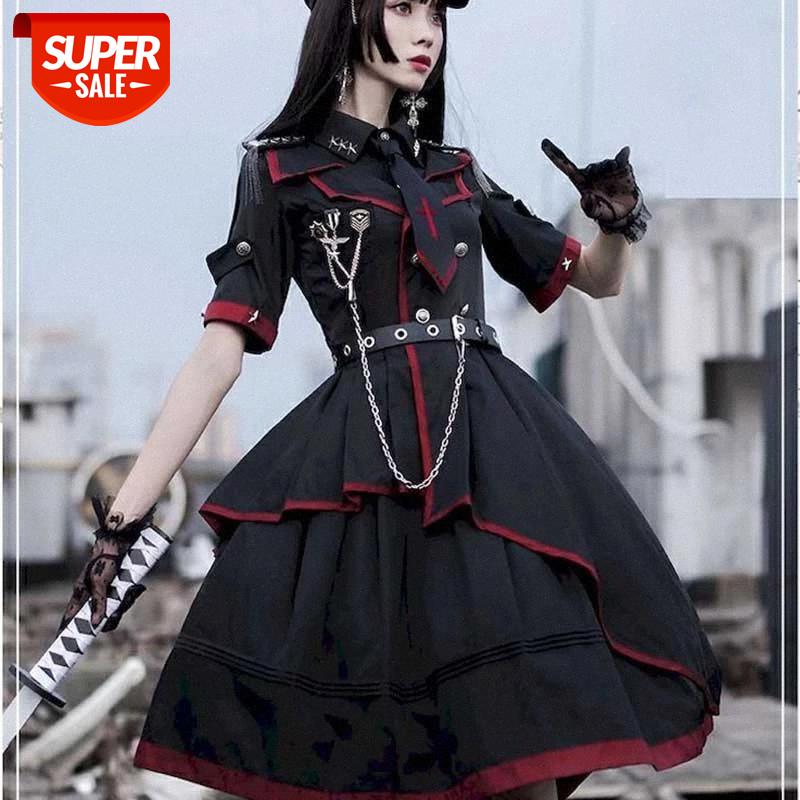 

Spring and Autumn Solid Color Military Uniform Women's Dress Inch Sleeve Sleeve Loser Dust Tie Skirt Full Set Dress Lolita Origi #H01P, Black;gray