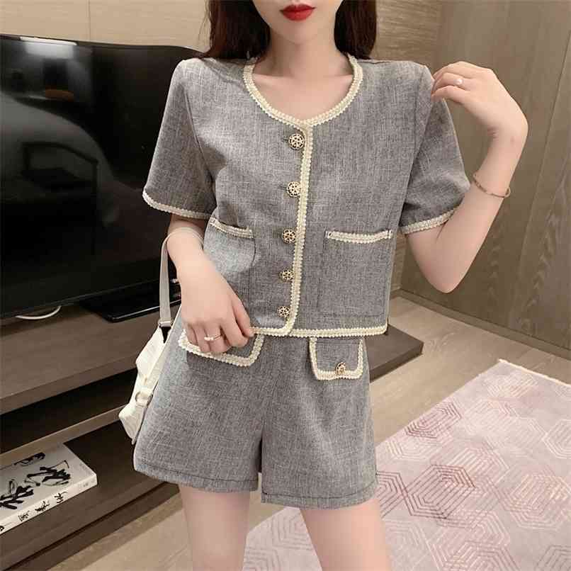 

Temperament Tweed Lace Trim Shorts Suit Women Summer Small fragrance O-neck Single-breasred Short Coat +Shorts 2 Piece Sets 210602, Pink