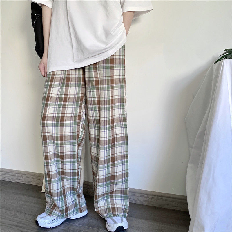 

2021 New Women's Broad-legged Fashion Ulzzang Plaid Loosed High-recreational Waistline Chic Sweatpants Pants Summer Streetwear Kbnk, Black