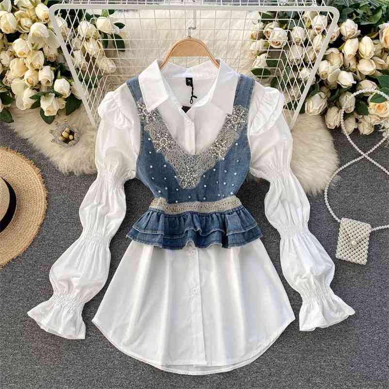 

High Street Women's Clothes Set Spring Ruffled Beaded Denim Vest + Bubble Sleeve Mini Shirt Dress 2pcs Women Fashion 210525, Black