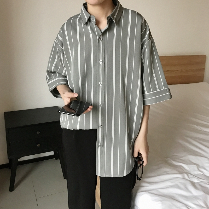 

2021 New Summer Men's Pattern Stripe Printing Short Sleeve Cool Shirt French Cuff Fashion Clothing Grey/black Shirts Big Size M-5xl Ltd1, Gray