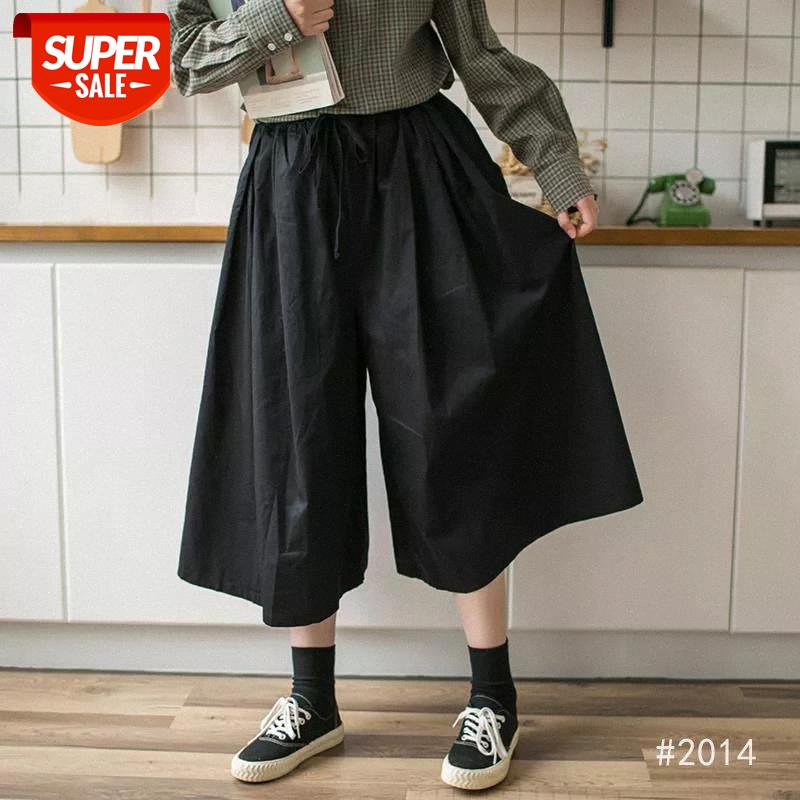 

Calf length pants japanese overalls wide leg pants female straight high waist Causal loose trousers solid black bottoms #Dy0M, Black;white