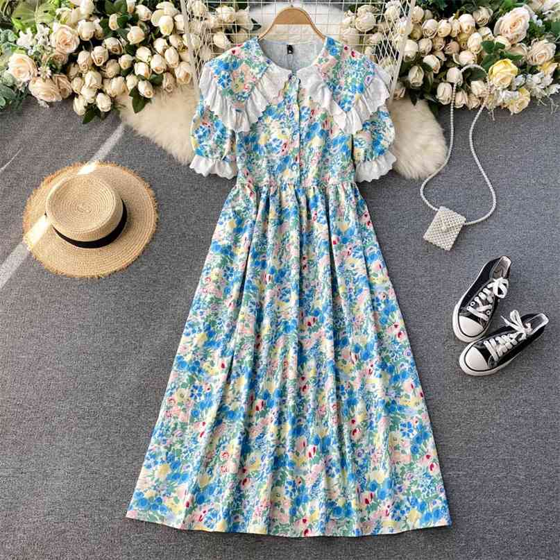 

French Style Floral Dress Lace Splicing Turn Down Collar Short Puff Sleeve Button-up High Waist Summer Women 210603, Blue