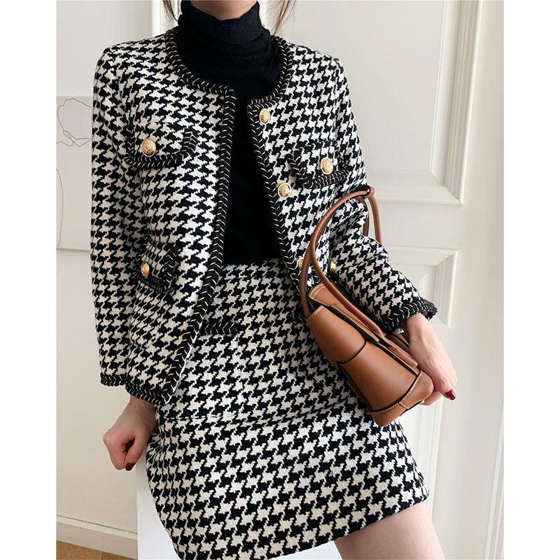 

Set spring new female pearl single-breasted houndstooth jacket + high waist skirt and short skirt two-piece suit, Black;brown