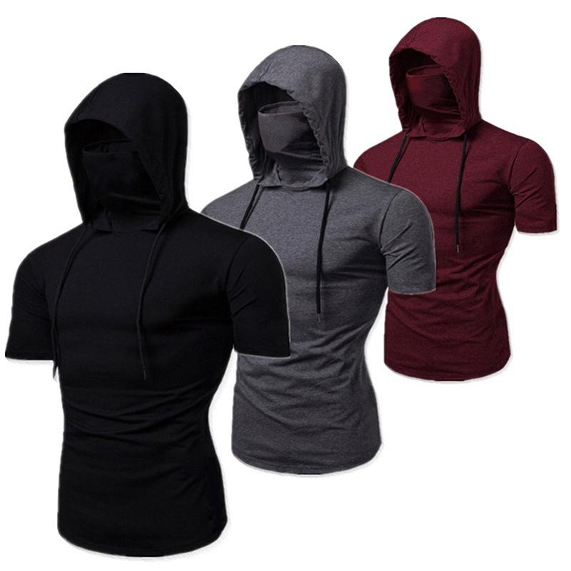

Men's T-Shirts Fashion Short-Sleeved Mask Hooded T Shirt Men Casual Elastic Solid Fitness Tshirt Hip Hop Slim Fit Male T-shirt Streetwear S-, White;black