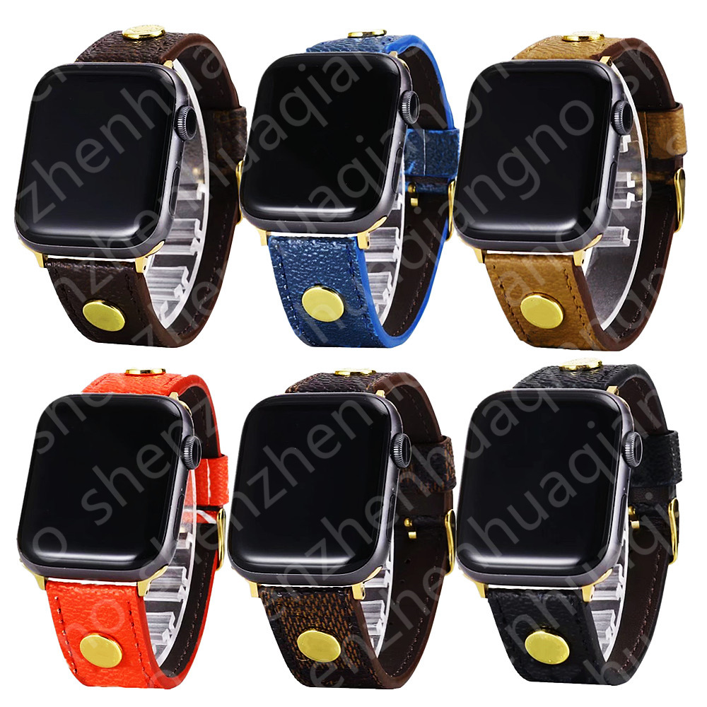 

Fashion Watch Straps For Apple Watch Bands 7 6 4 3 Series iWatch 41mm 45mm 44mm 38mm Band Luxury Designer Leather Bracelet Gold Links Rivet Flower Wristband Smart Strap