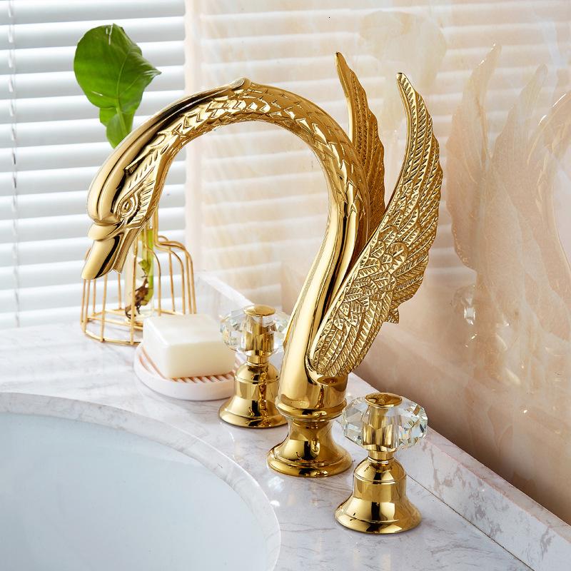 

2021 New Bathroom Brass Gold Widespread Swan Black Tap Luxury Basin Mixer Hot and Cold Shower Room Sink Faucet C5fc