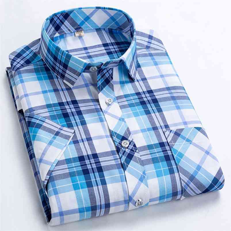 

Summer Men's Short Sleeve Plaid Shirts Regular Fit Soft Fashion Checked Single Breasted Thin Breathable Casual Shirt 210721, D89-2