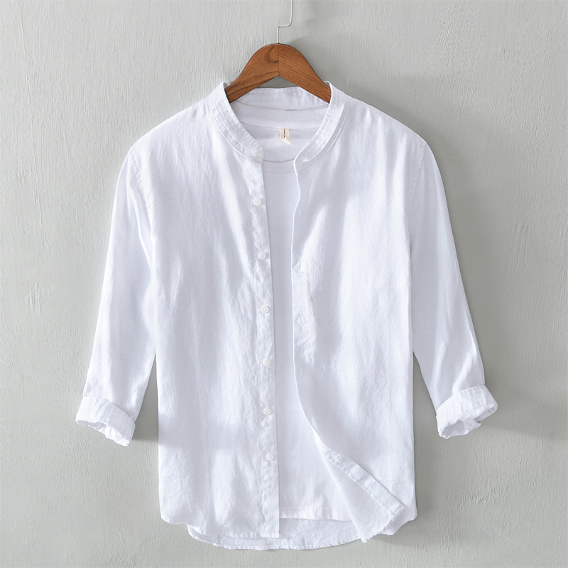 

2021 New Three-quarter Sleeved Pure Linen Summer Fashion Stand Collar White Shirts for Men Casual Brand Shirt Mens Chemise Tops Sgi5