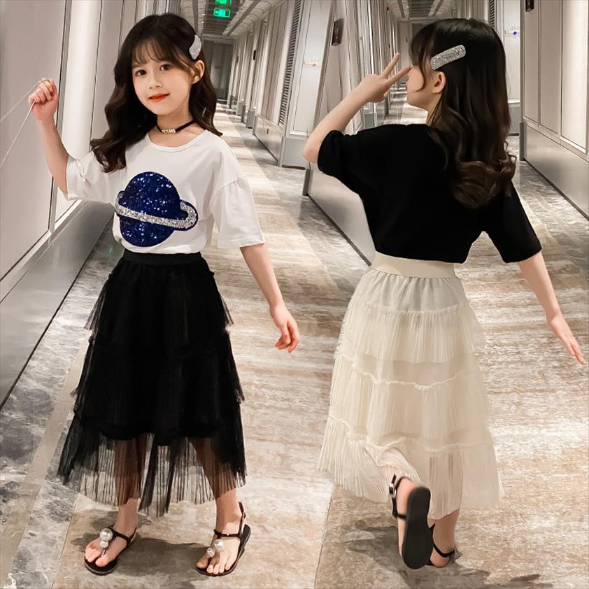 

2pcs set kids baby girls summer outfits clothes t shirt cake skirt teen girl princess clothing sets, White