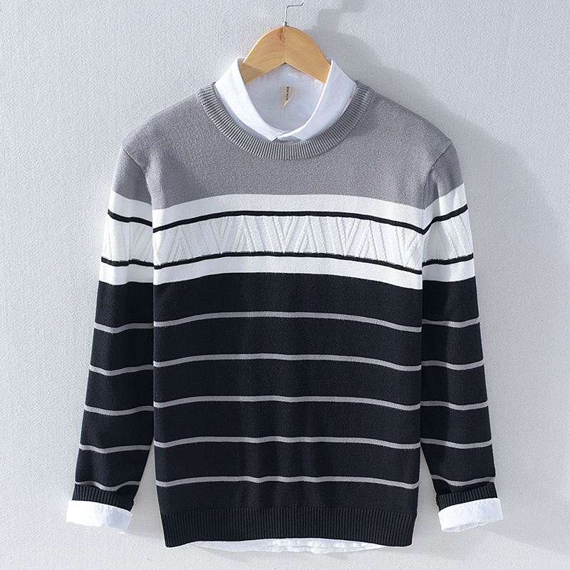 

2021 Autumn and Winter Thick Style Striped Male Shirt with Long Sleeves Around the Neck Sweaters for Men in Thin Fashion Sweater Eo8d, Black