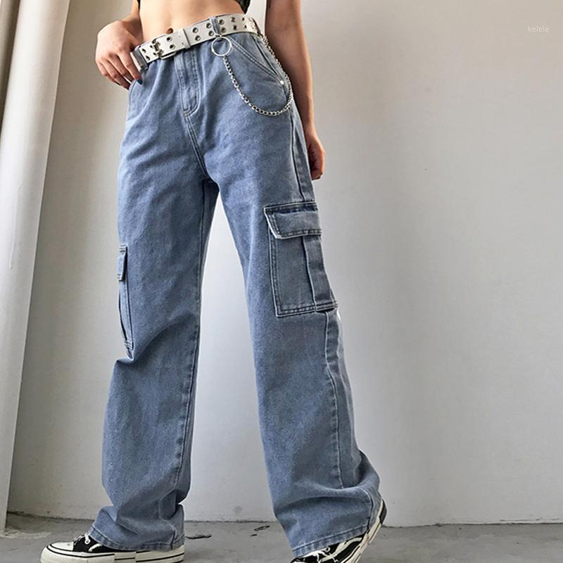 

Women's Pants & Capris Women Man Boyfriend Cargo Pocket High Waist Slim Loose Straight Wide Denim Pant Streetwear Jogger Long Trouser Haraju, Black;white