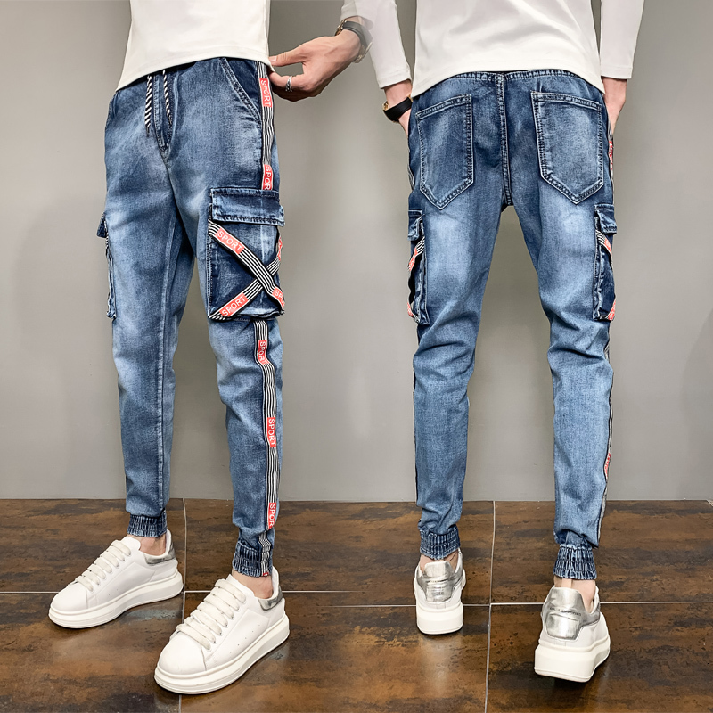 

2021 New Outono Fino Ajuste Brim Dos Homens Azul Clssico Moda Webbing Casual Macaco Masculino Cala Cowboy Calas De Alta F03i, Blue