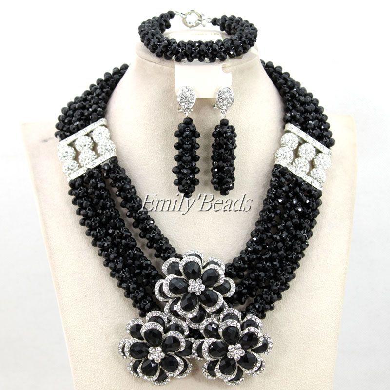 

Earrings & Necklace Fashion Nigerian African Wedding Beads Jewelry Set Black Crystal Necklaces Bracelet AMJ358, As pic