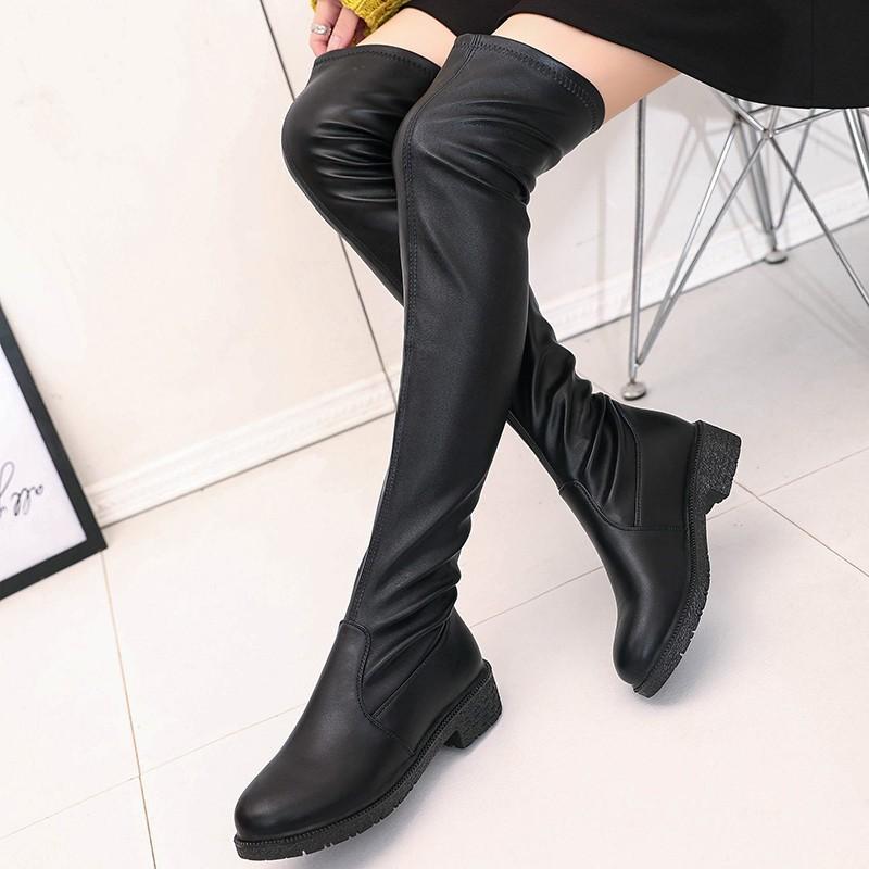 

Boots Stretch Thigh High Botas Brief Leather Long Botines Mujer Stovepipe Slip On Fashion Woman Chunky Heels Over Knee Autumn Winter Slim, Black