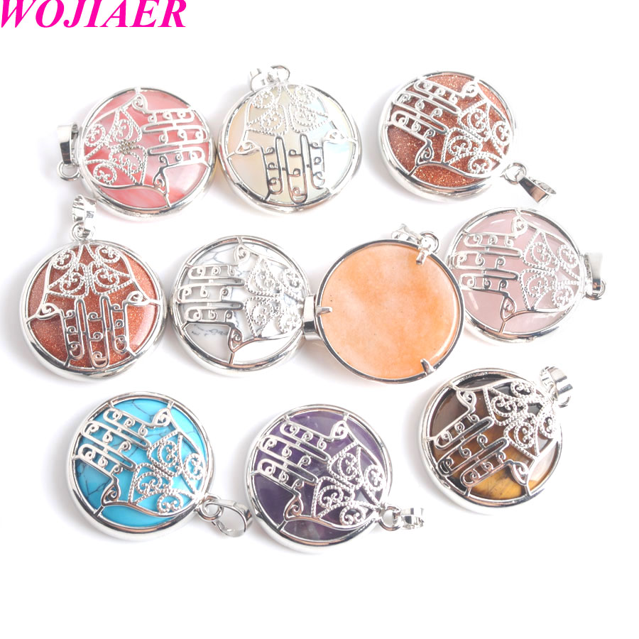 

WOJIAER Natural Stone Pendants for Necklaces Cabochon Crystal Fatima Hamsa Hand Silver-color Pendant Women Men Healing Jewelry BW901