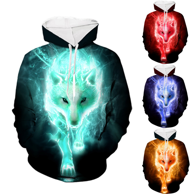

2021 men' firewolf 3D digital printing loose fitting Pullover Hoodie sweater couple' wear, Orange fire wolf