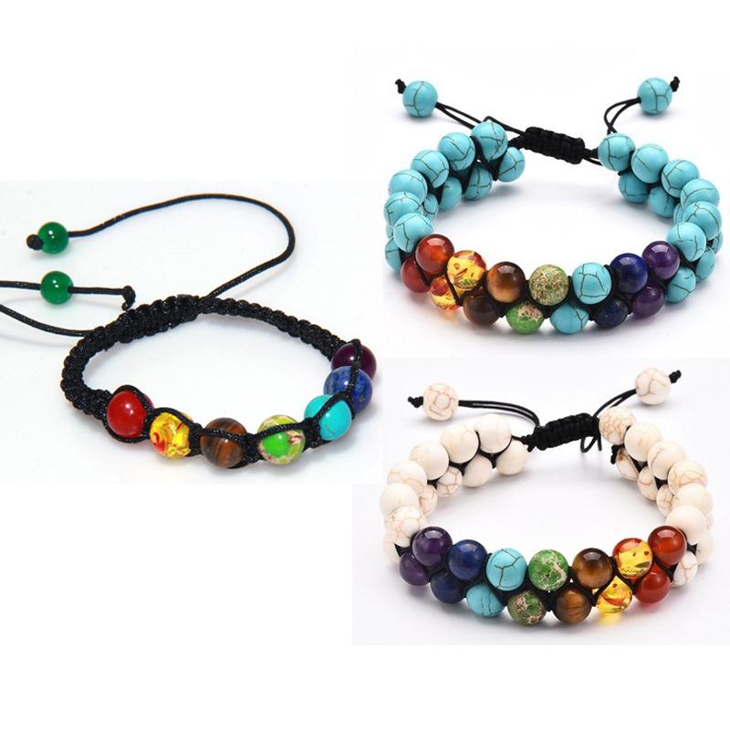

Beaded, Strands 7 Chakra Bracelet Yoga Natural Stone Handmade Braided Double Layer Lava Bracelets Men Women Healing Energy Christmas Gifts