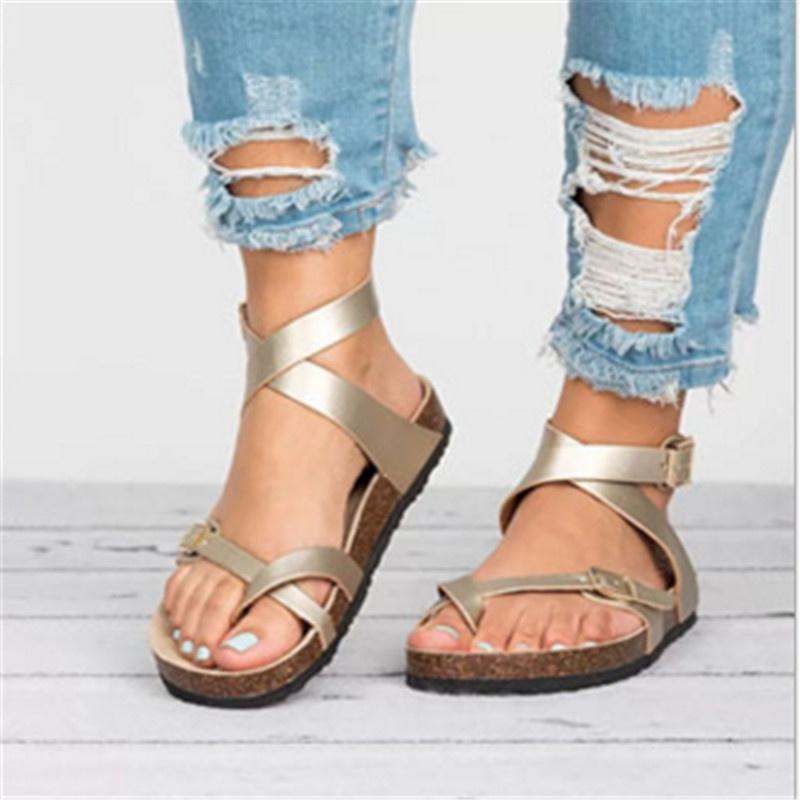 

Sandals Women Roman Flat Gladiator Summer Lovers Strap Ankle Buckle Leather Cork Beach Black Gold Brown Plus Size43, Beige
