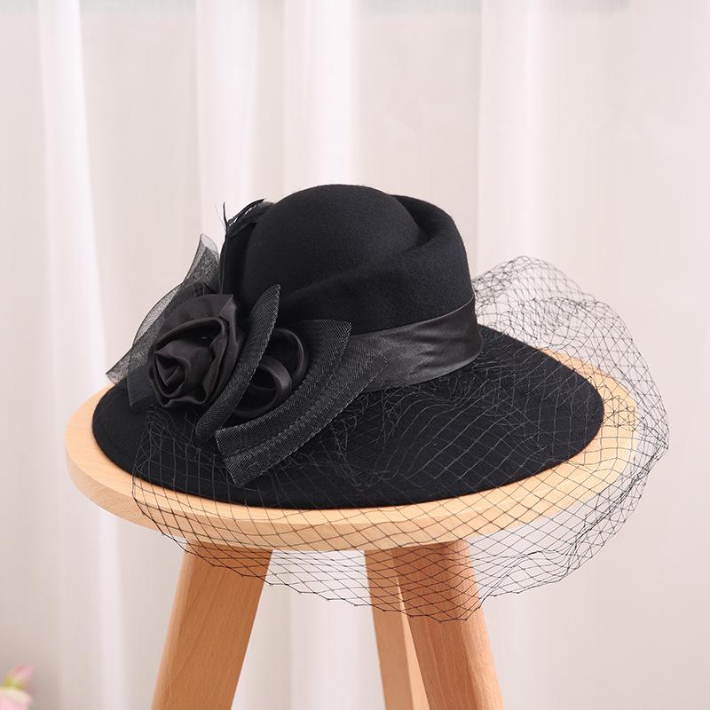 

Stingy Brim Hats Black Veil Women Winter Banquet Vintage Fedora 100% Australian Wool England Fashion Wide Felt Hat Bowknot, Blue;gray