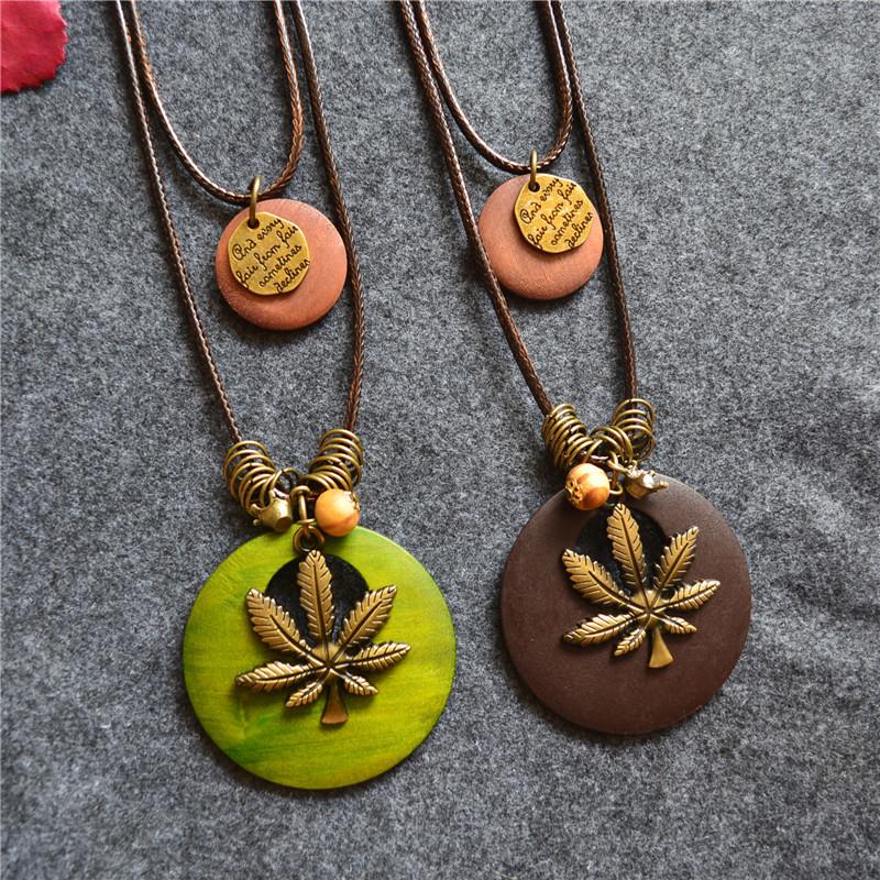 

Pendant Necklaces 2021 Retro Necklace Ethnic Style Female Literary Double Wood Chip Alphabet Sweater Chain