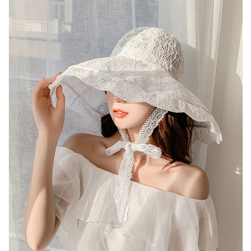 

2021 New Fashion Lace Ribbon Big Ee Women Summer Beach Holiday Sun Visor Strap Adjustable Wide Brim Floppy Hat Girl Cap Elegant N529, Pink
