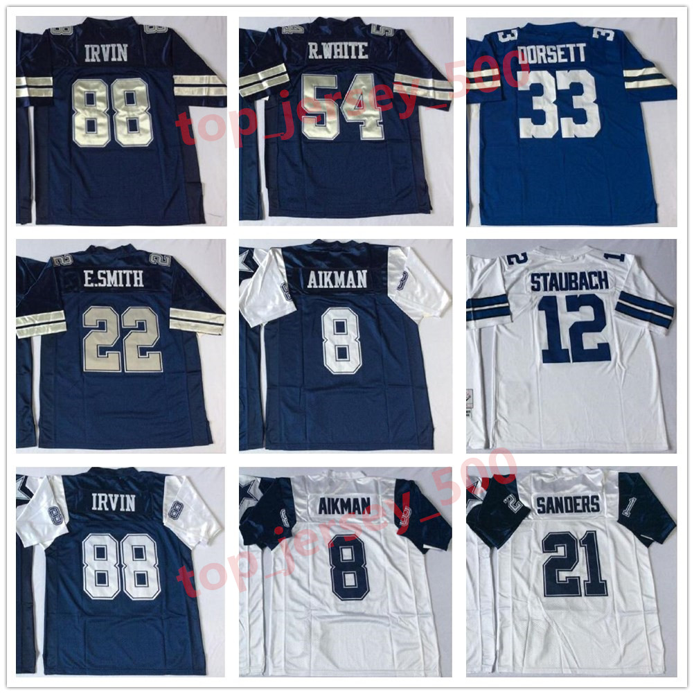 

Men Women Youth Jersey Vintage Shirts 21 Deion Sanders 22 Emmitt Smith 33 Tony Dorsett 88 Michael Irvin 8 Troy Aikman 12 Roger Staubach Stitched Football, As shown in illustration