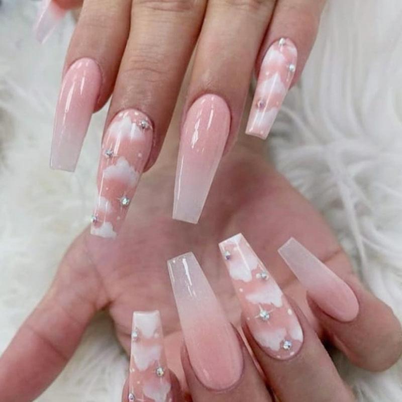 

False Nails 24pcs Super Long Ballerina Detachable With Pink Clouds Design Nail Wearable Coffin Fake Full Cover Tips, Red;gold