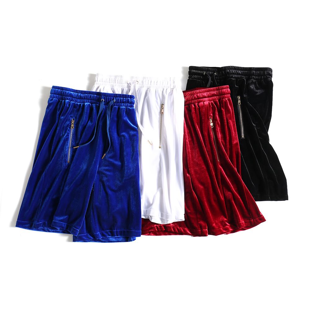 

Mens Velvet Shorts Hip-Hop Oversized Mesh Velour Short Baggy Black/White/Red/Blue Velvet Side Zipper Joggers Shorts Male 210302, White;black