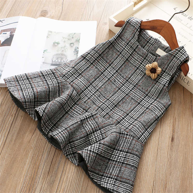 

1-6 years girl dress autumn winter casual plaid flowers sleeveless kid children clothing princess dresses 210615, Gray