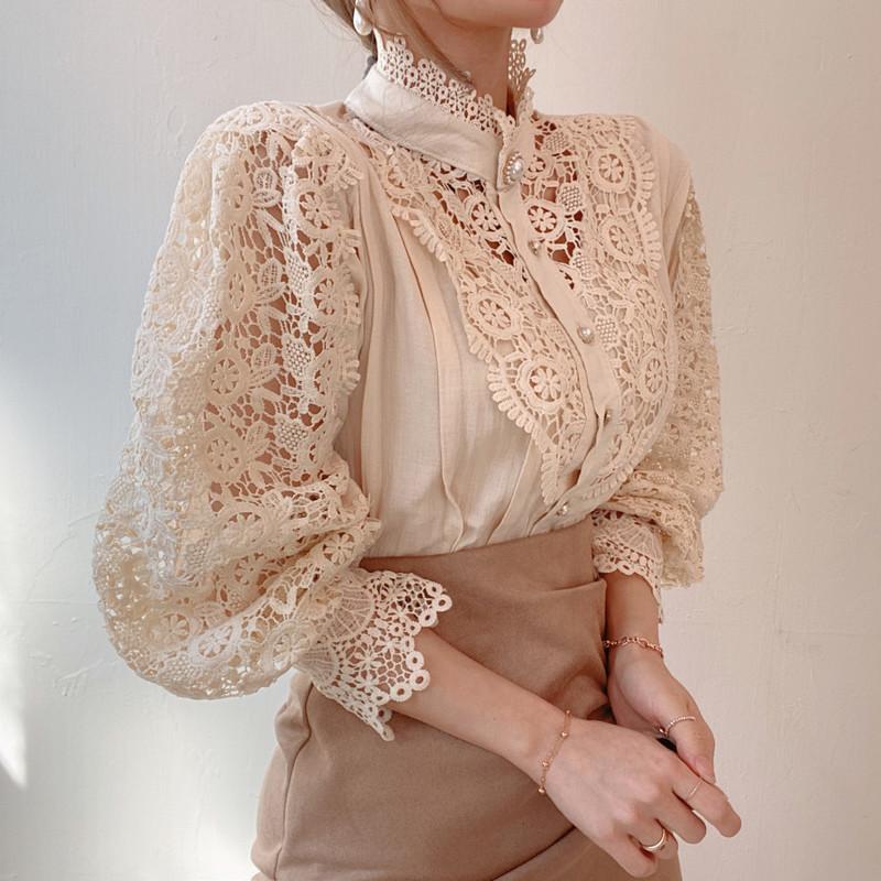 

Women's Blouses & Shirts Petal Sleeve Stand Collar Hollow Out Flower Lace Patchwork Shirt Femme All-match Women Blouse Button White Top