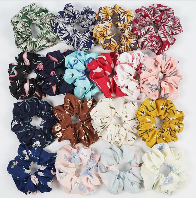 

50pcs Floral Flamingo Solid Houndstooth Design Women Hair Tie Accesorios Scrunchie Ponytail Hair Holder Rope scrunchy basic Hair band FJ3351, Slivery;white