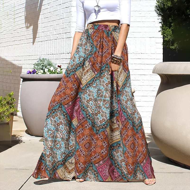 

kaftan vintage summer elegant geometry womens skirts print maxi casual lady a line pockets elastic waist, Black