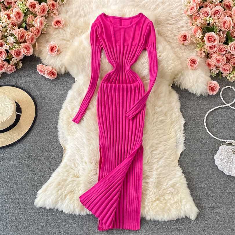 

Knitting Solid Black Sweater Slit Dress bodycon Vestidos Sexy Maxi Dresses Streetwear Full Sleeve Office Lady Female Clothes 211110, Pink