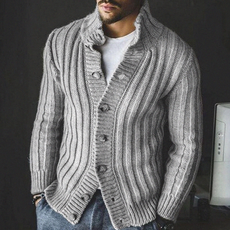 Men's Unisex Cardigan Knitted Solid Color Stylish Vintage Style Long Sleeve Sweater Cardigans Stand Collar Fall Winter Gray Khaki C7oD#