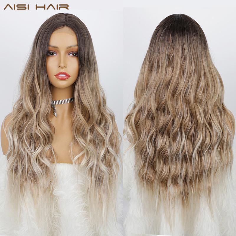

Synthetic Wigs AISI HAIR Long Wavy Wig For Women Middle Part Ombre Blonde/Black/Purple Heat Resistant Daily Use
