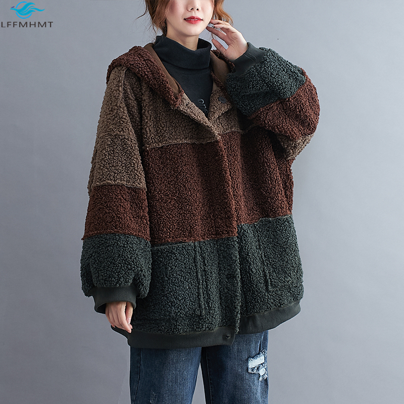 

2021 New Women Winter Fashion Patchwork Cotton-padded Hooded Coats Female 100kg Large Size Warm Cozy Lambswool Double Sided Wearable Tops K8, Black