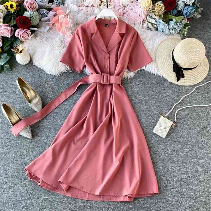 

elegant women dress summer vintage turn down collar slim with belt bandage a line dresses ladies casual long robe mujer 210525