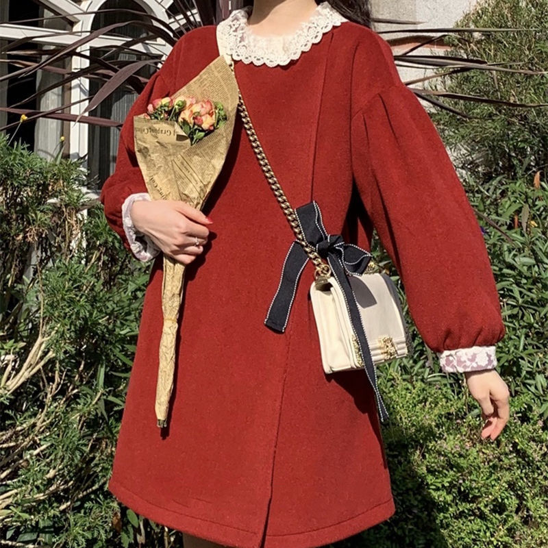 

New Christmas Kawaii Trend Coat Winter Patchwork Wool Coats and Jackets Female Japanese Style Long Korean Overcoat Women 2021 I4fe, Red christmas coat