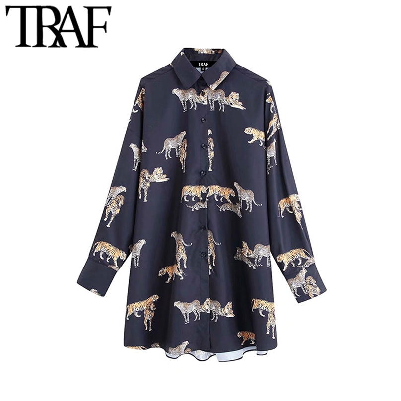 

TRAF Women Vintage Stylish Animal Print Blouses Fashion Lapel Collar Long Sleeve Female Shirts Blusas Mujer Chic Tops 210719, As picture