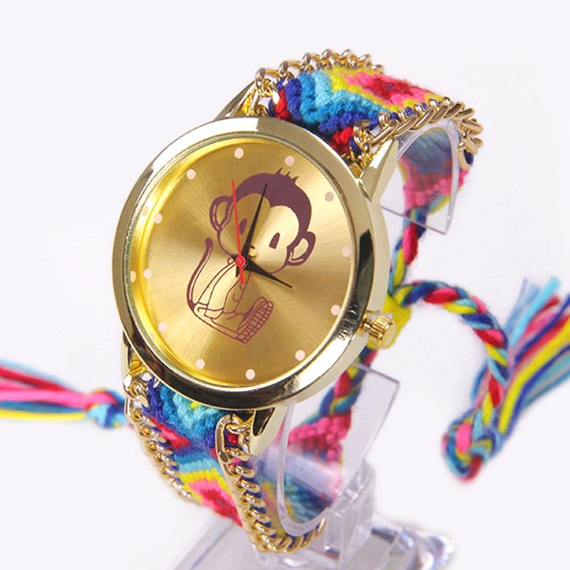 

Wristwatches Gnova Platinum Rainbow Geneva Watch Women Little Funny Monkey Wristwatch Lace Chain Braid Girl Teen Fabric Retro Ethnic A006, Black